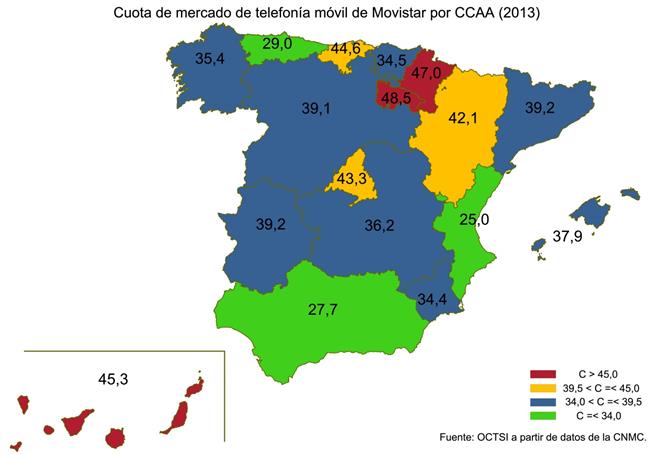 Cuotas de Movistar en telefonía móvil pospago por CCAA en 2013