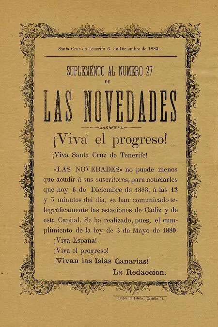 Suplemento Las Novedades 1883 Conexión telegráfica Cádiz-Tenerife